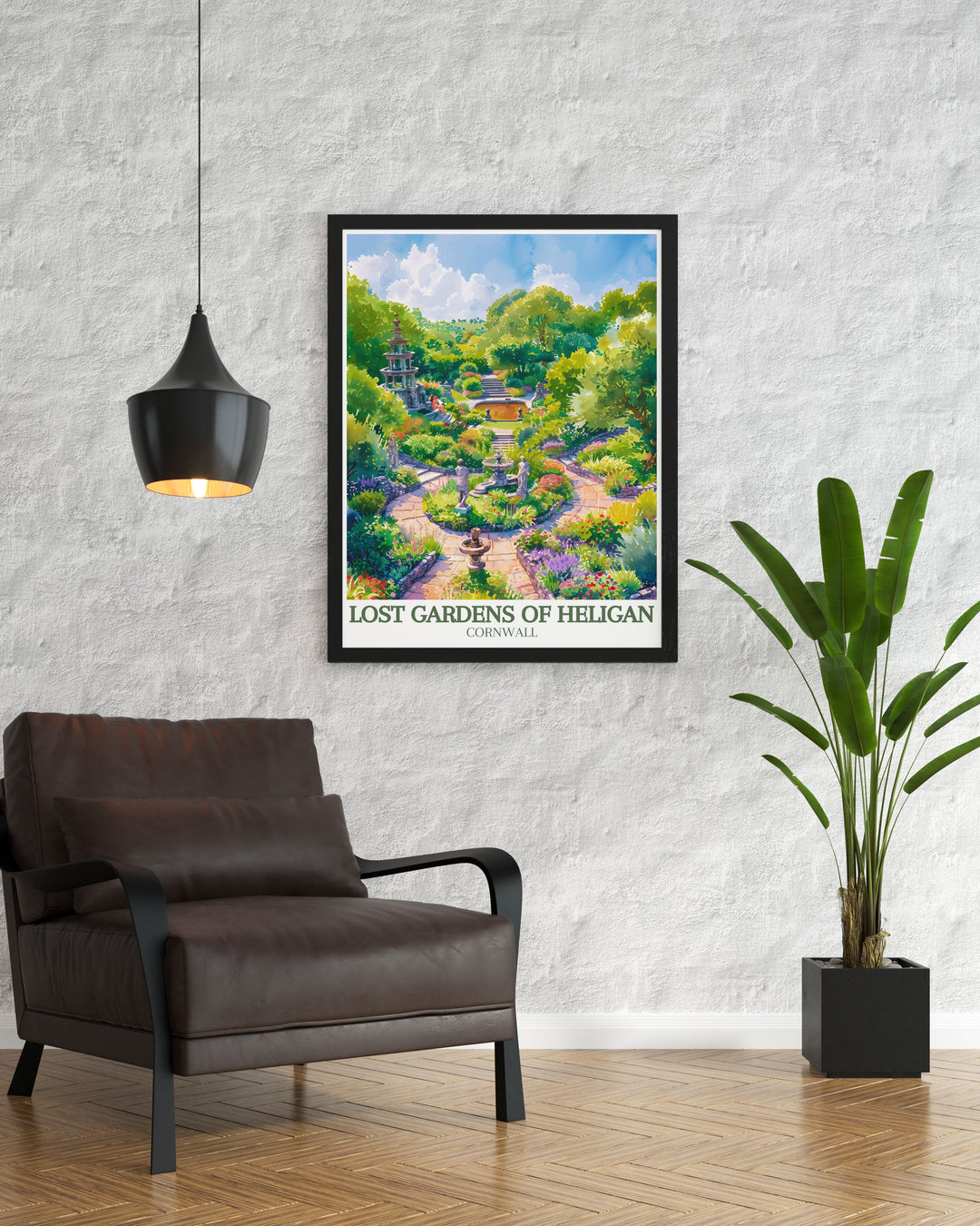 Elegant Seaside Poster displaying the breathtaking coastal views of Cornwall paired with Italian garden Productive gardens perfect for creating a serene and sophisticated atmosphere in your home