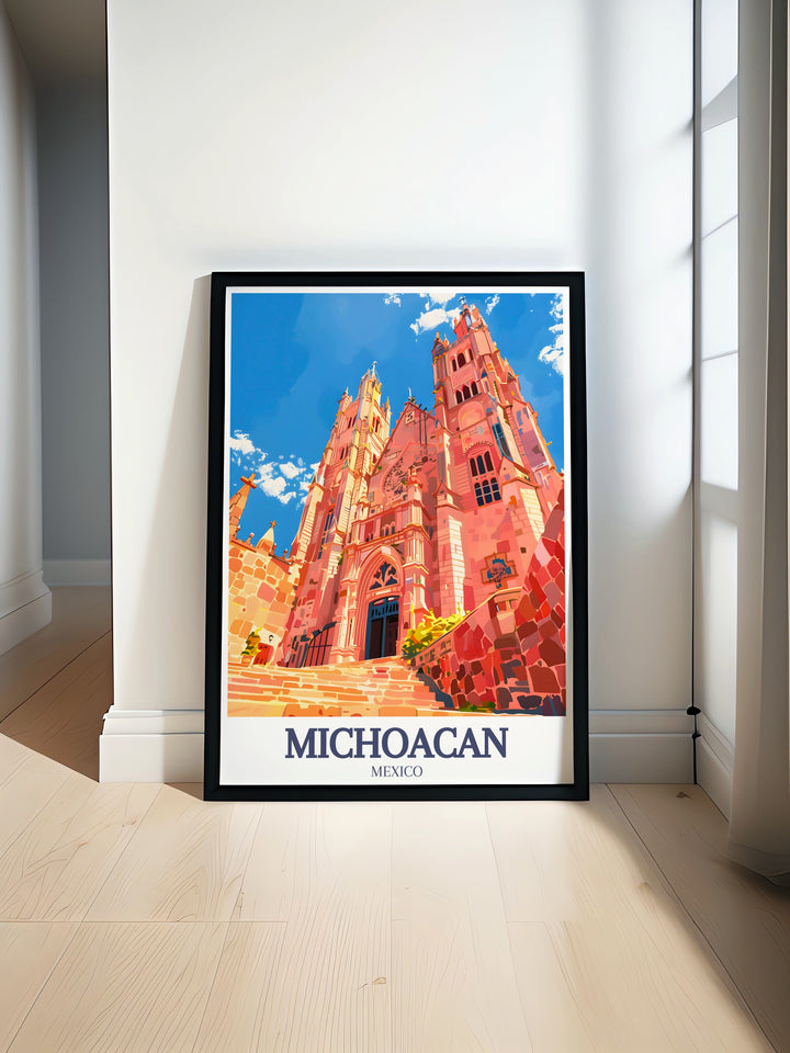 This framed art piece captures the essence of Michoacáns stunning Morelia Cathedral. The bold, vibrant colors make this vintage style travel poster perfect for home décor, providing a beautiful reminder of Mexicos architectural and cultural heritage.