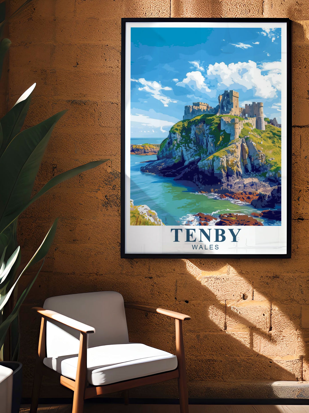 Tenby Castle and St. Catherines Island art print showcasing the beauty of Tenby Harbour and the Pembrokeshire Coast. A stunning addition to your home this elegant piece is perfect for lovers of vintage travel posters and coastal landscapes.