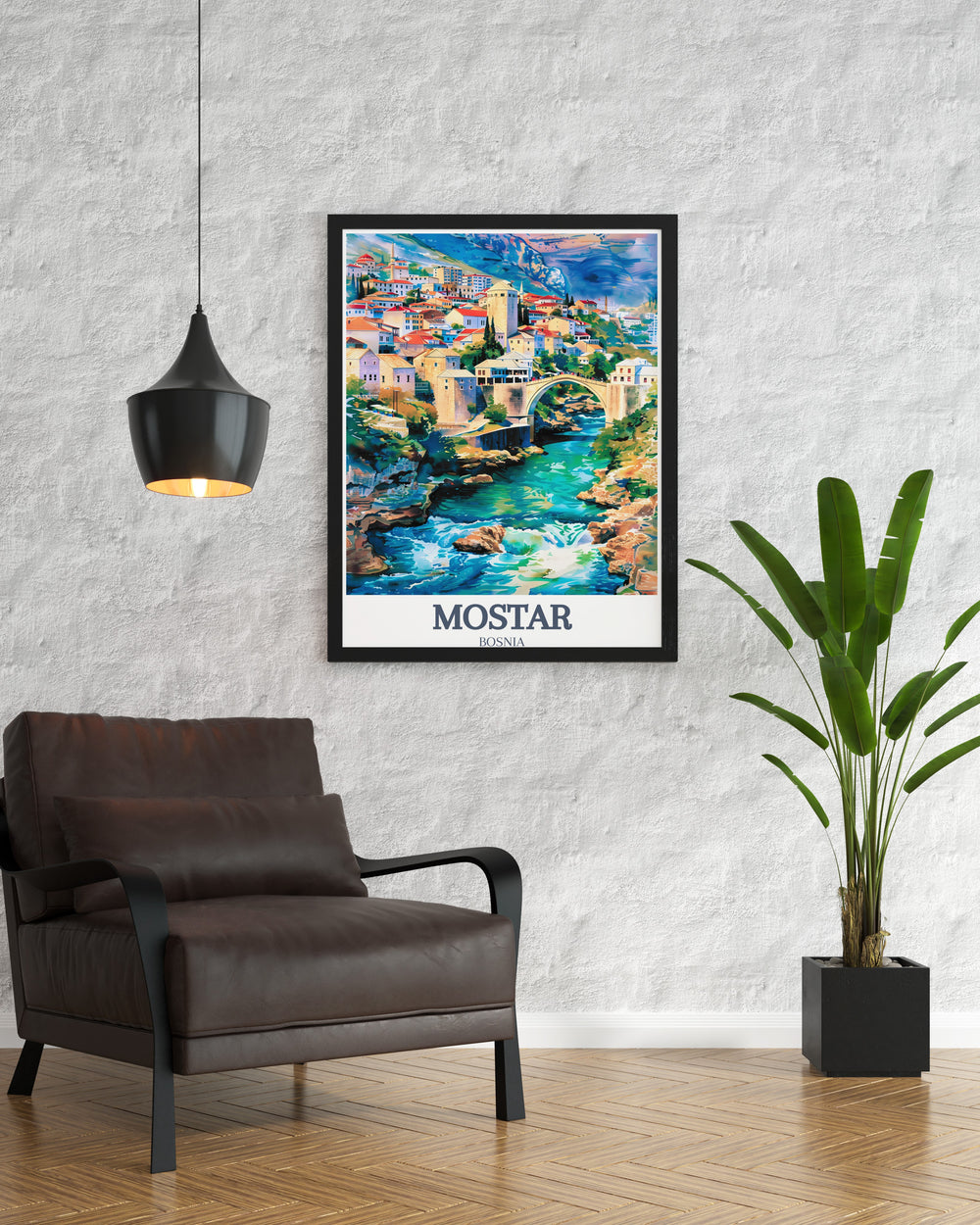 Stunning Mostar City Print highlighting Neretva River and Kriva Cuprija ideal for home decor and a perfect gift for Bosnia travel lovers