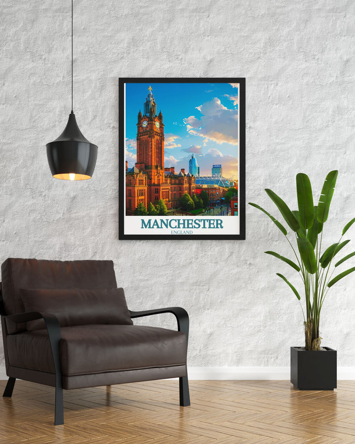 Vintage travel print of Manchester town hall and Old Trafford stadium capturing the essence of the city's charm and architectural splendor a must have for those who love Manchesters history and culture.