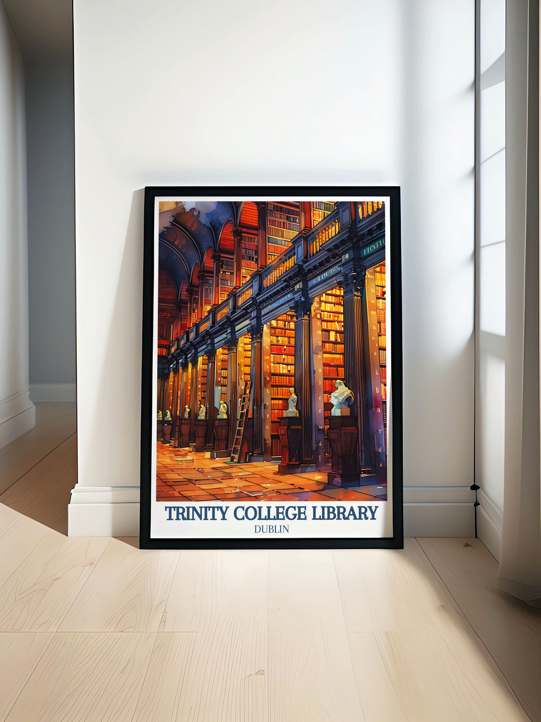 Trinity College Long Room and Book of Kells art print perfect for elevating your living room decor with stunning Irish wall art showcasing Dublin Universitys architectural beauty