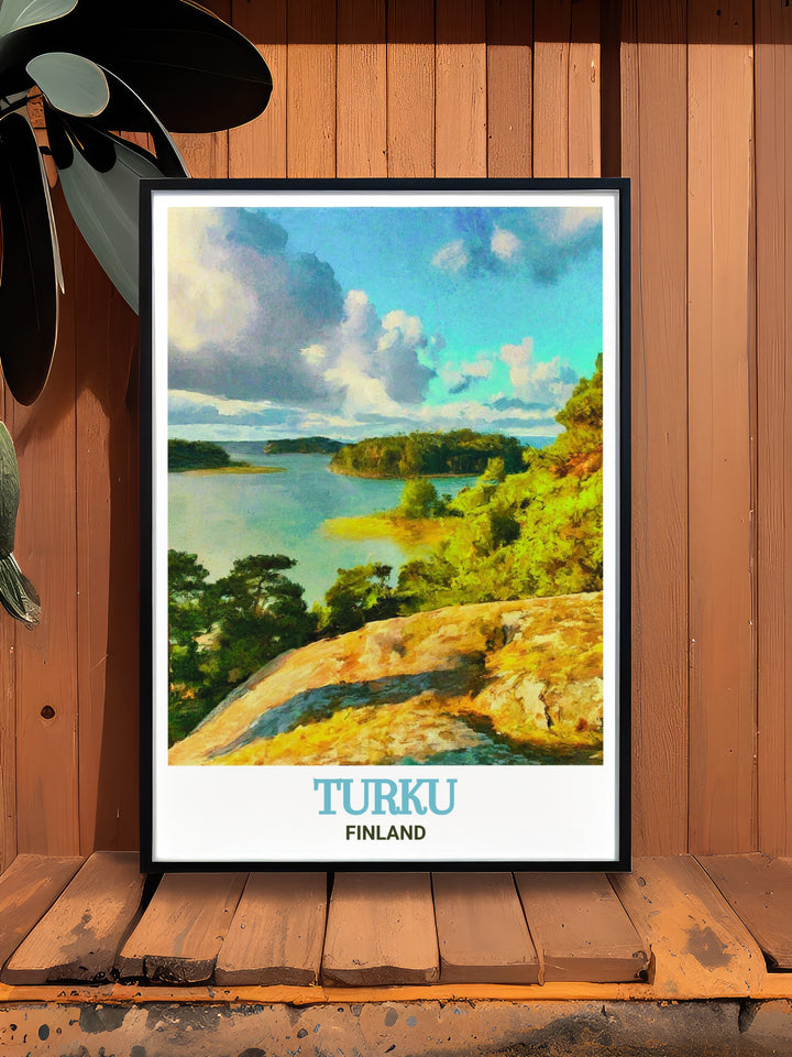 Immerse yourself in the peaceful charm of the Turku Archipelago with this travel print. Ideal for nature enthusiasts, this wall art brings the beauty of Finlands coastal landscapes into your home, creating a calming and reflective atmosphere.