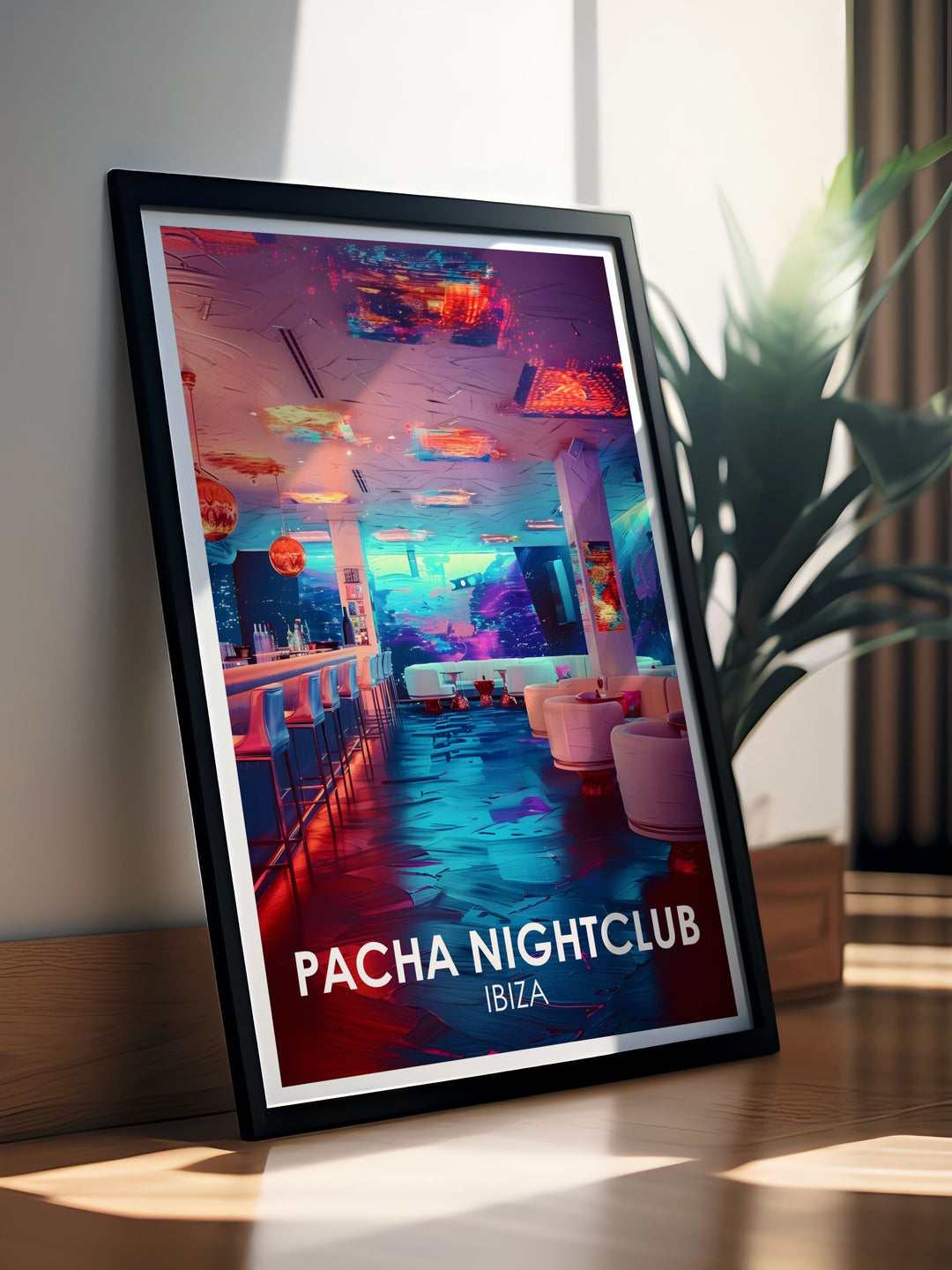 Elegant home decor featuring Vip Experience and Ibiza travel prints from legendary nightclubs perfect for transforming your living room or entertainment area with a chic touch