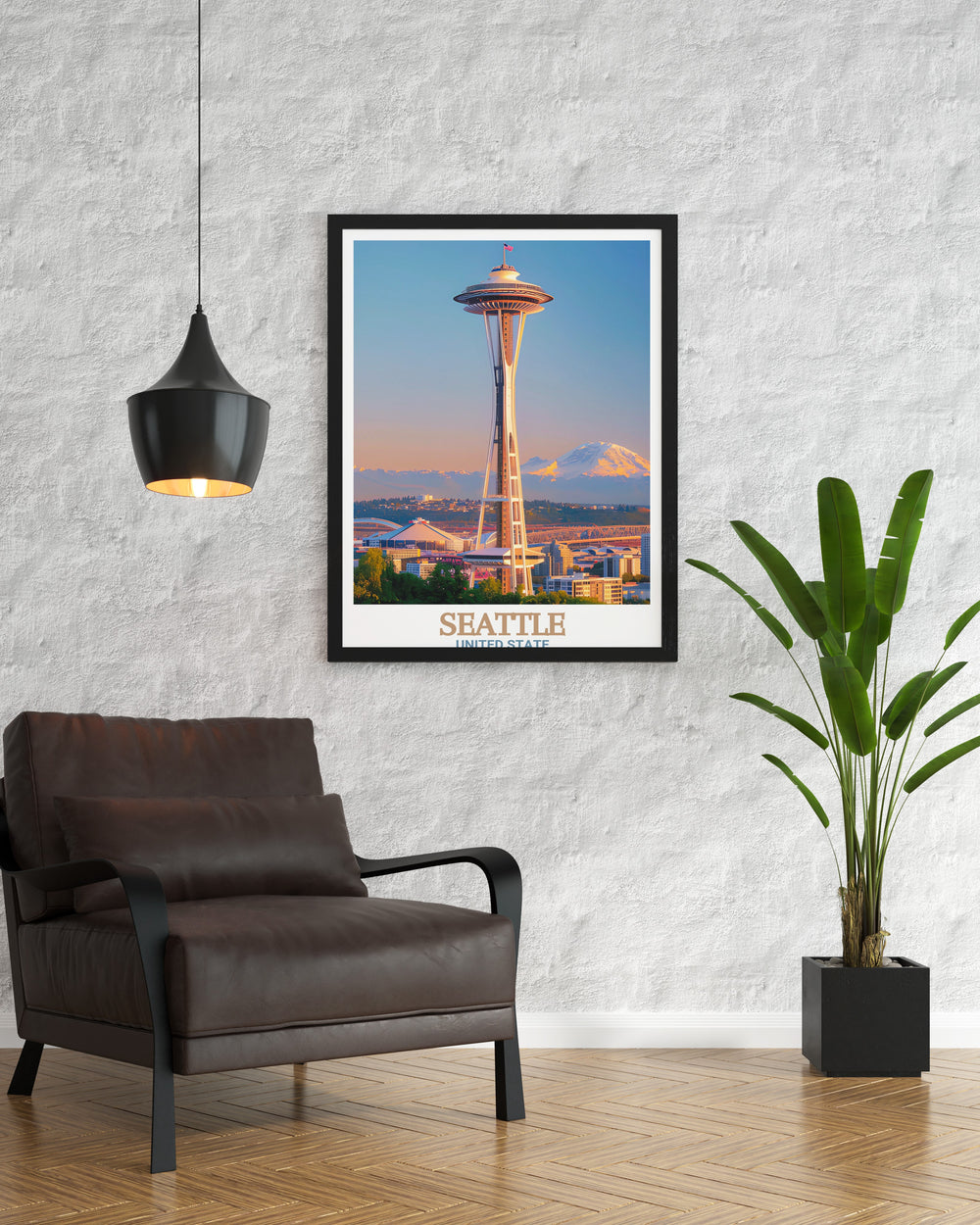 A striking travel print of the Space Needle in Seattle, with the landmark framed by the city skyline. This poster is perfect for anyone wanting to bring a piece of Seattles iconic architecture into their home decor.