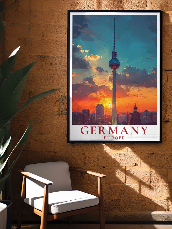 This Germany travel print showcases the dynamic skyline of Berlin, featuring the towering Fernsehturm. A great addition to any home, this artwork celebrates both the urban beauty and historical depth of one of Germanys most famous cities.