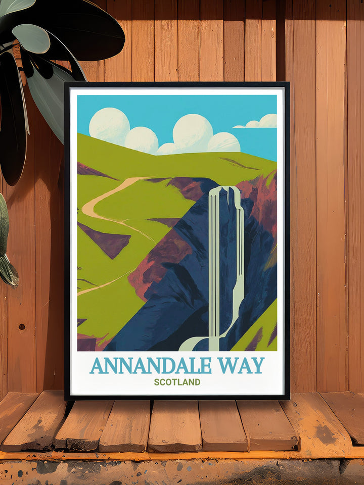 Annandale Way and Grey Mares Tail Travel Print highlighting the scenic beauty of Scotlands Moffat Hills and Solway Firth perfect for anyone who loves hiking walking or exploring Scotlands natural landscapes a stunning piece for home decor