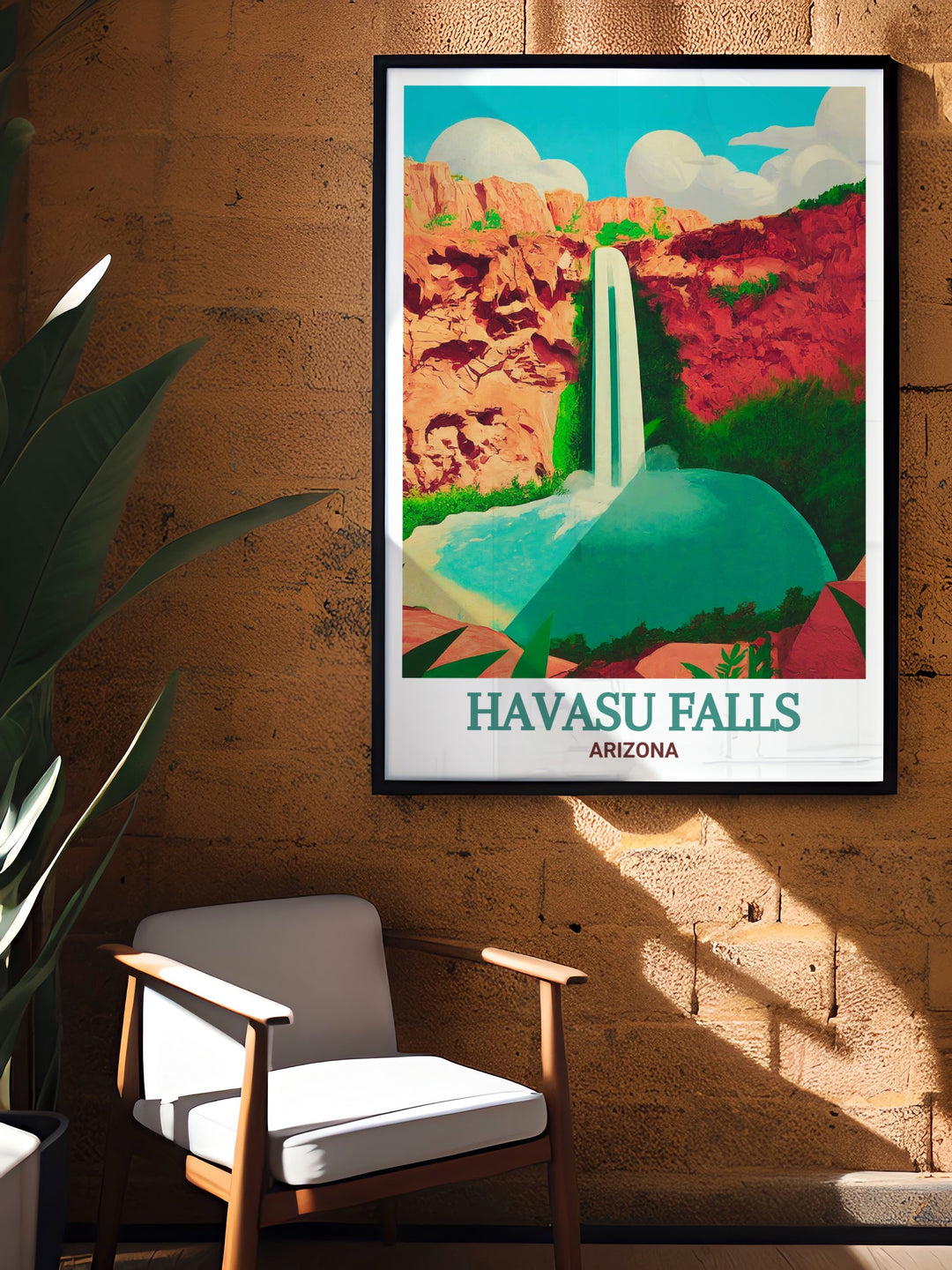 This Mooney Falls travel poster offers a detailed view of the waterfalls dramatic plunge, surrounded by the lush desert landscape. A perfect addition to any nature inspired decor.