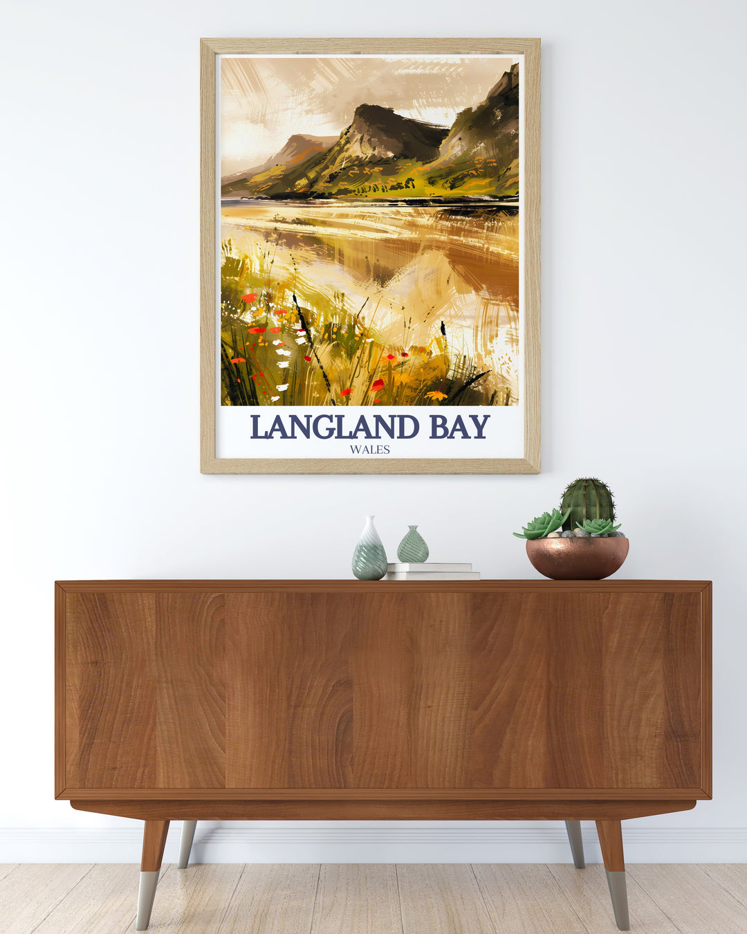 Langland Bay Vintage Poster celebrates the serene atmosphere of this coastal gem, with its colorful beach huts and peaceful waters. This artwork is a perfect addition for those who want to bring a touch of seaside relaxation into their living space.