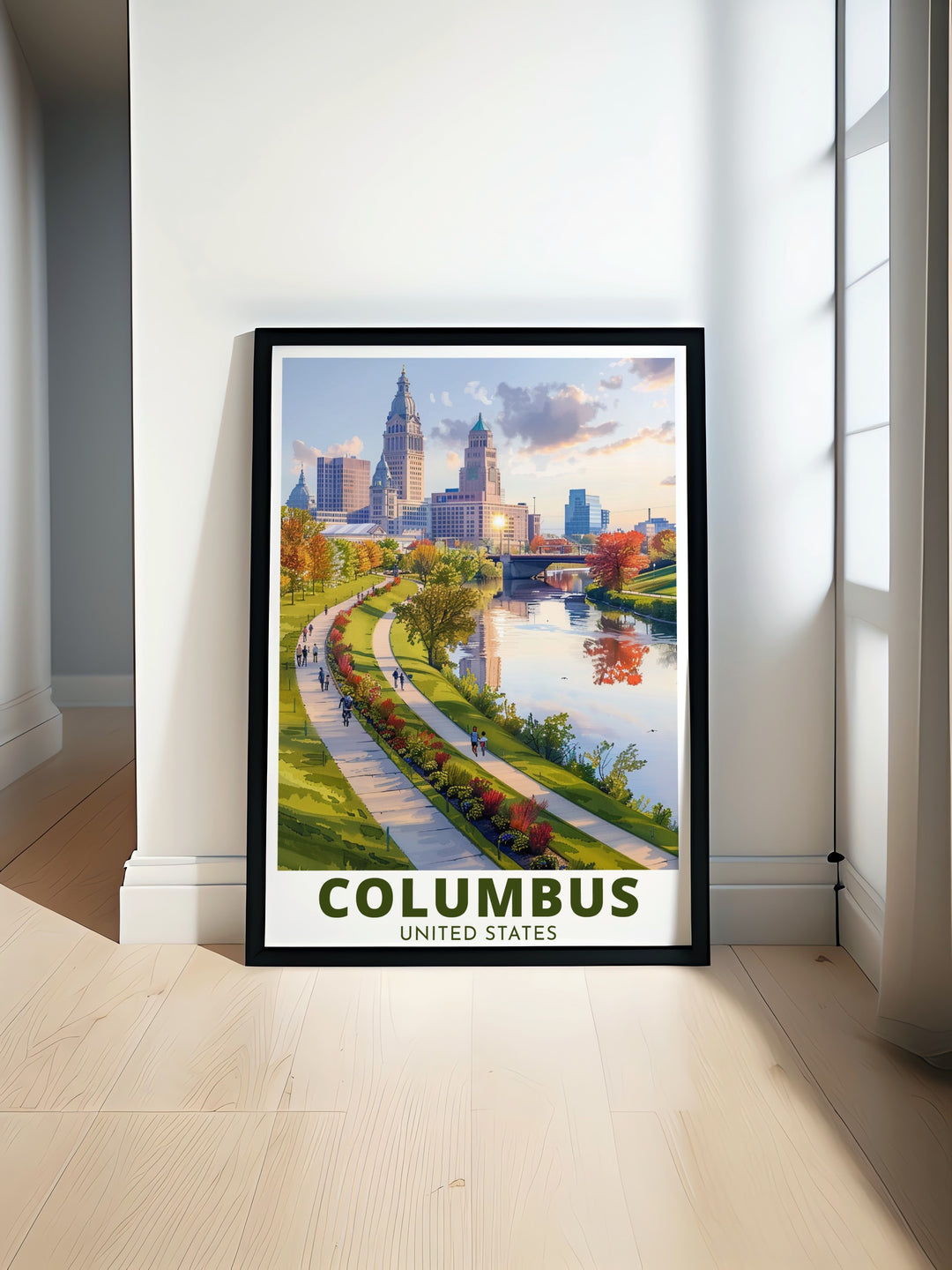 Columbus travel print featuring the Scioto Mile and city skyline. This vintage inspired Ohio poster is a perfect addition to your home decor. Great for birthdays anniversaries or Christmas as a personalized gift that celebrates the heart of Columbus.