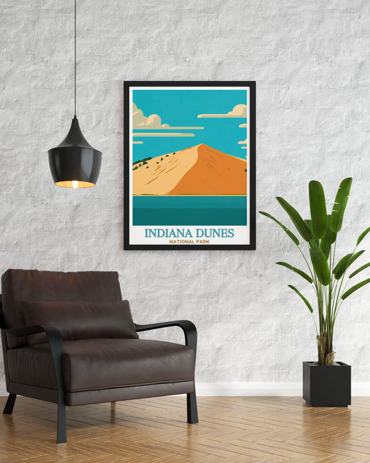 Indiana Dunes travel poster with a stunning depiction of Mount Baldy. This National Park print is ideal for those who appreciate the serenity of the dunes and the majesty of Lake Michigans shoreline.