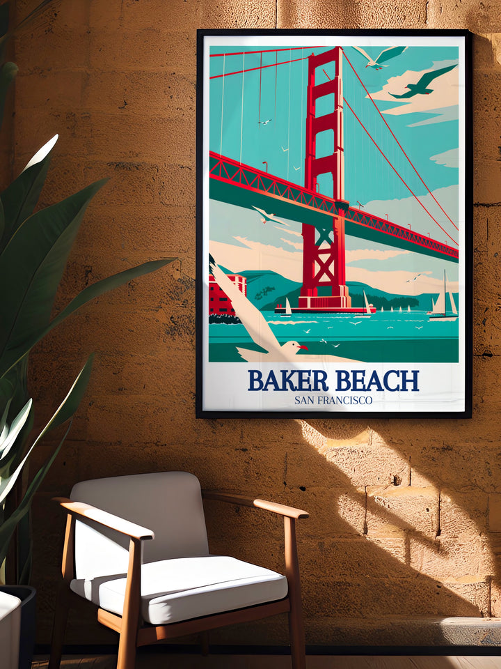 Pacific Ocean Travel Poster showcasing the vast expanse of the Pacific Ocean as seen from Baker Beach, with the Golden Gate Bridge in the distance. This print offers a vibrant portrayal of San Franciscos coastline, ideal for adding a touch of Californias coastal charm to your home