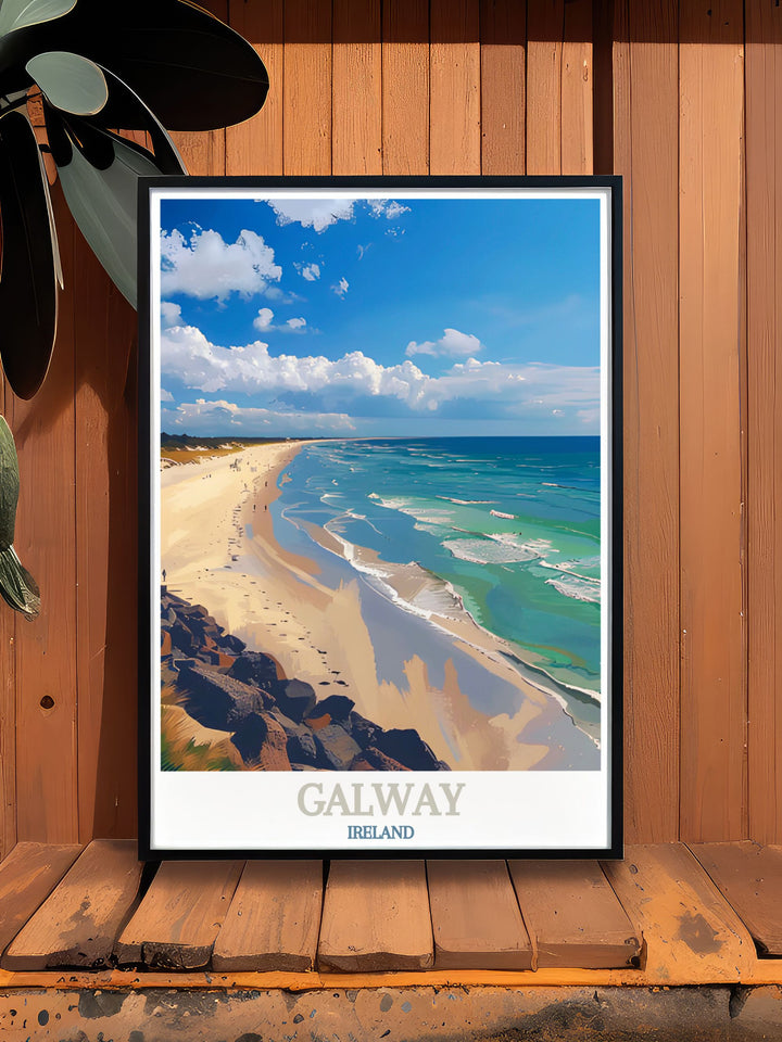 This Galway Poster showcases the lively city atmosphere of Galway alongside the calming beauty of Silverstrand Beach. The fine line details and minimalist design make it an elegant addition to your home décor.