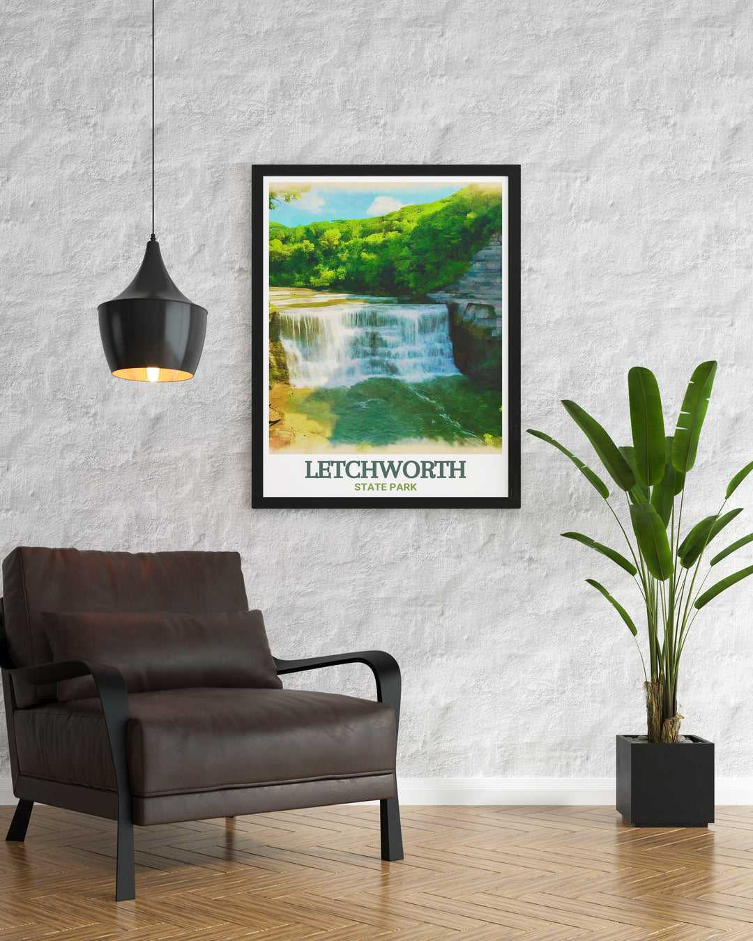 Fine art print of Lower Falls, highlighting the stunning natural scenery and dramatic landscapes of Letchworth State Park. This artwork brings the distinguished views of one of New York States most remarkable locations into your home, adding a touch of artistic grandeur.