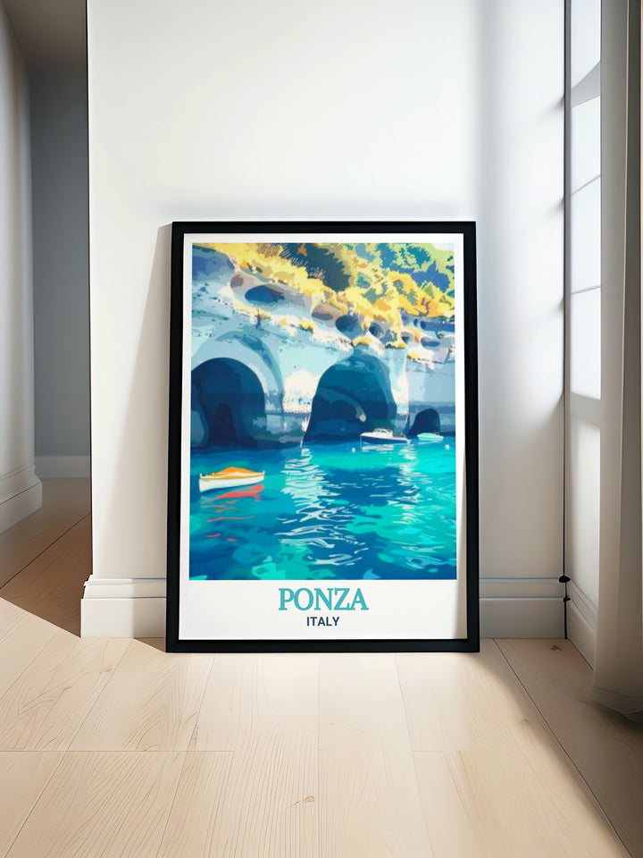 Ponzas Grotte di Pilato are a remarkable fusion of history and natural beauty. This print captures the essence of these ancient caves, highlighting their historical significance and stunning location on the Italian coast. Perfect for creating a serene atmosphere, this artwork brings the timeless allure of Italy into your space.