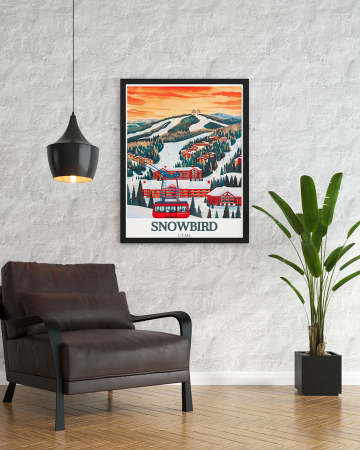 Snowbird Resort Aerial Tram framed print highlighting the breathtaking snowy vistas of Park City Utah. The artwork elegantly portrays the scenic views from the tram offering a blend of contemporary design and winter charm.