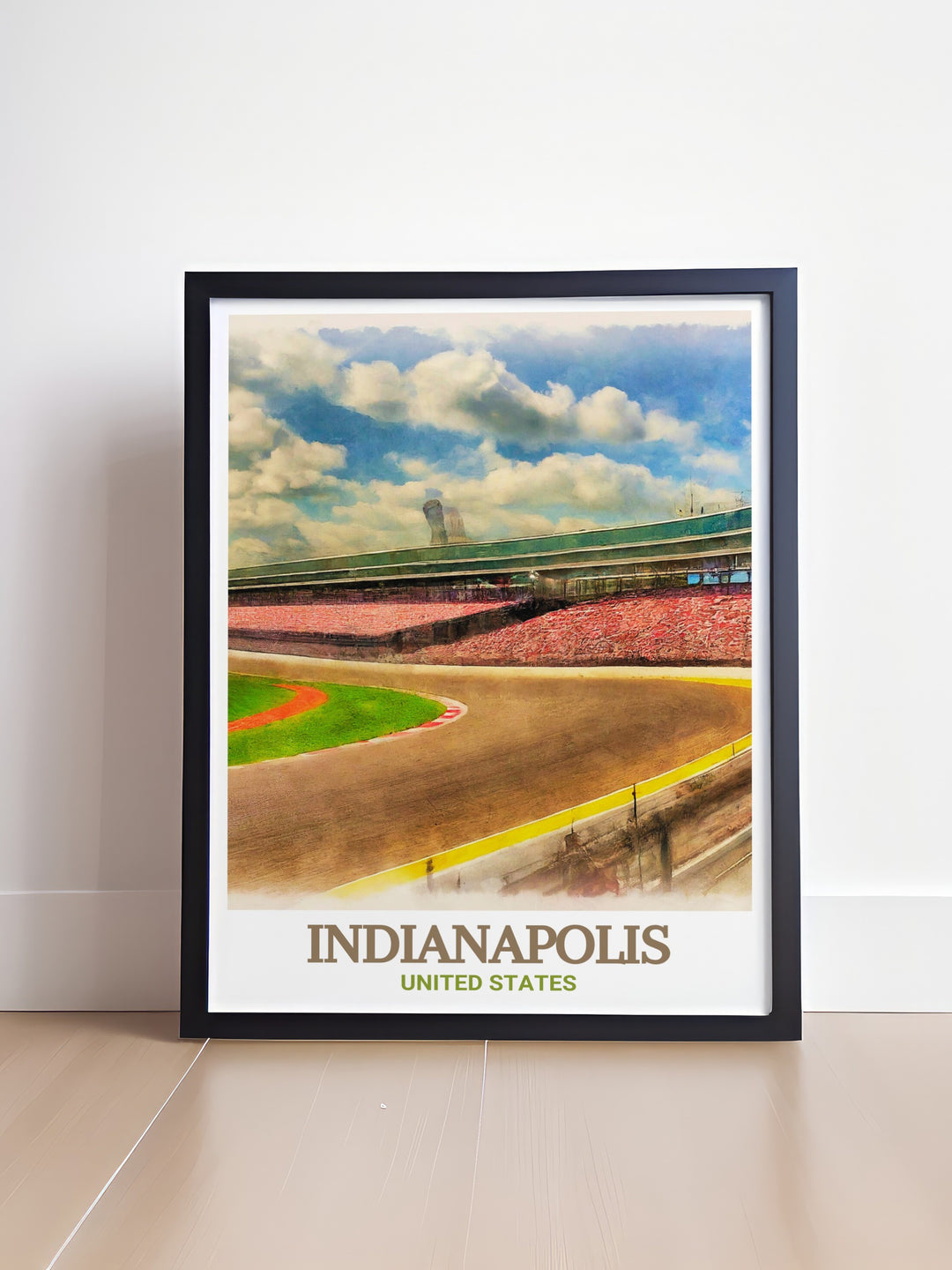 Scenic poster of Indianapolis Motor Speedway and the citys skyline. Ideal for racing fans and those who love Indianapolis. The detailed illustration and vibrant colors highlight the beauty and excitement of this dynamic city.