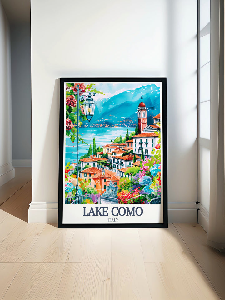 Beautiful Lake Como Print showcasing Bellagio with the stunning Lombard Pre Alps in the background ideal for adding elegance to any room while celebrating the charm of Italian lakeside living perfect for travelers and Italy lovers