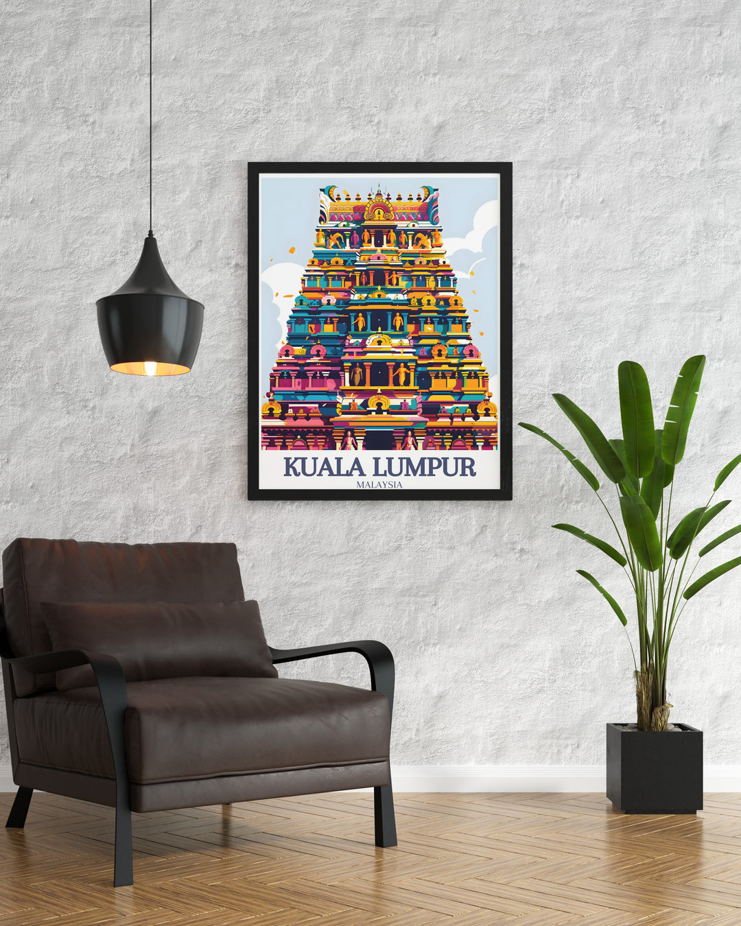 Kuala Lumpur framed art showcasing the detailed beauty of Sri Maha Mariamman Temple alongside the lively city streets of Jalan Bandar. Perfect for adding a touch of spirituality and urban charm to your home, this wall art celebrates Malaysias architectural diversity.