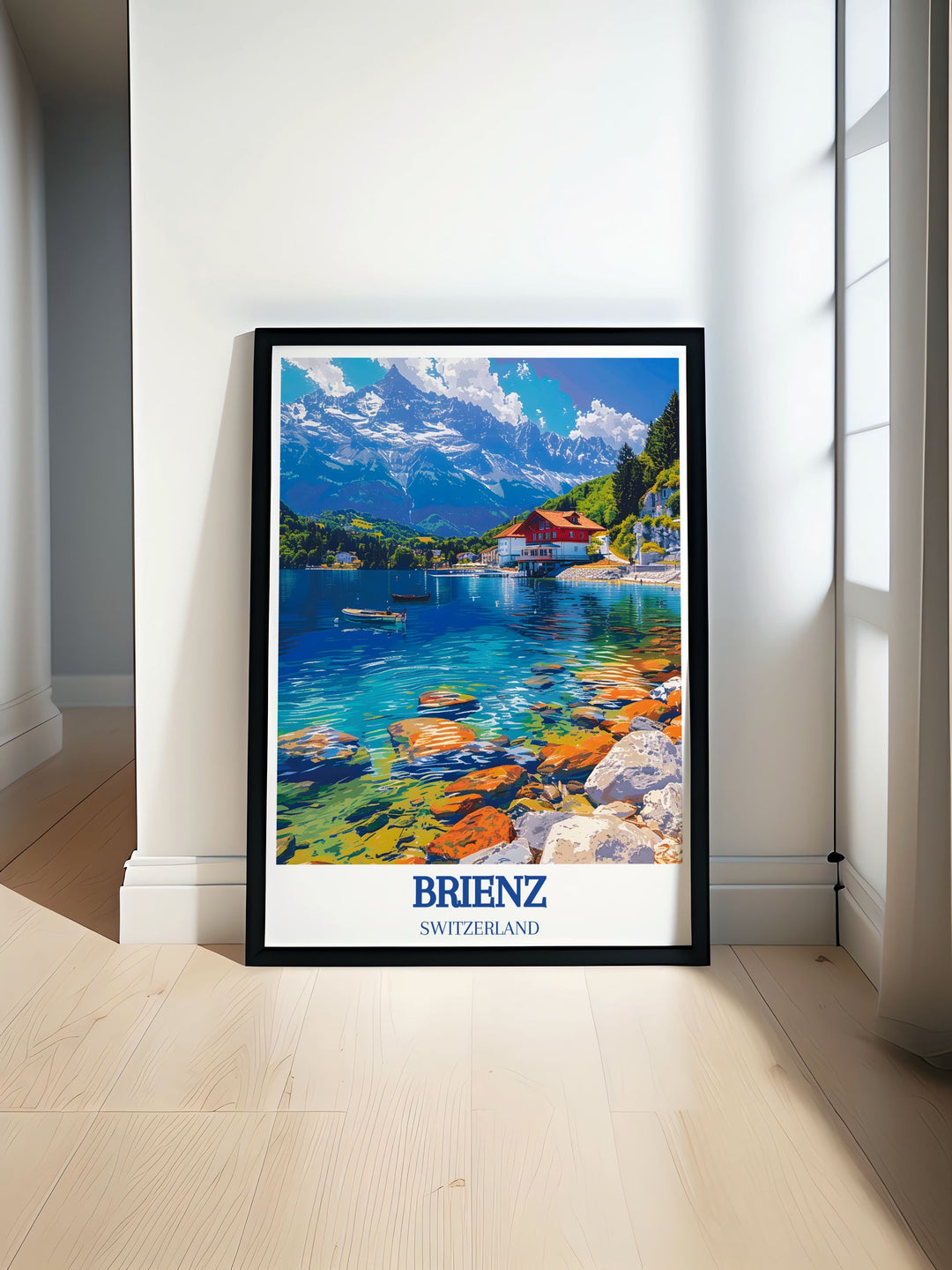 Interlaken print and Lauterbrunnen print showcasing the stunning Lake Brienz, Brienzer Rothorn. Perfect for wall art and travel enthusiasts who love the Swiss Alps. Ideal as a gift or home decor piece.