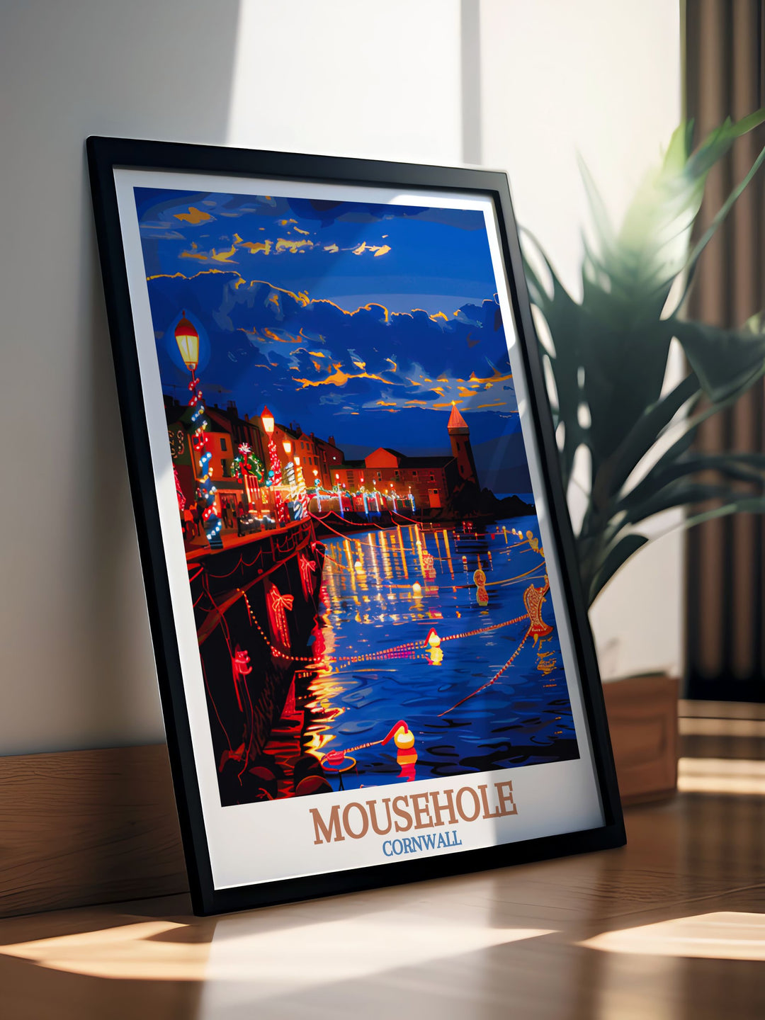 Elegant Cornwall Home Decor featuring a stunning print of Mousehole with Christmas lights perfect wall art for creating a cozy and festive atmosphere in your living room or any other space in your home