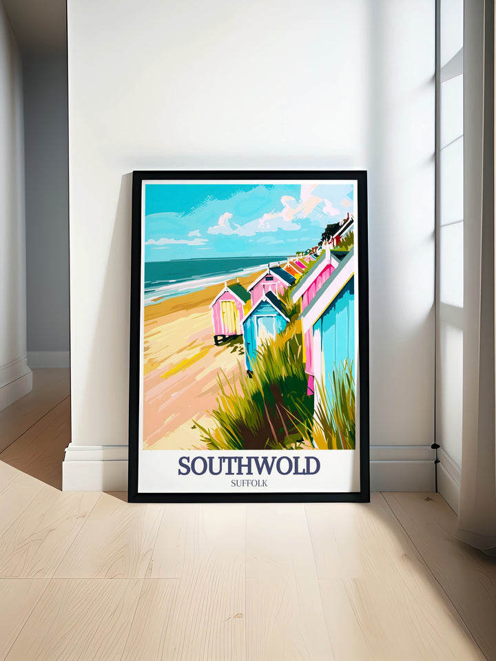 A stunning Southwold Poster featuring the iconic Southwold Beach Huts and the majestic Southwold Lighthouse. Perfect for North Sea Southwold beach lovers and ideal for adding a touch of seaside charm to your home decor. Great as a gift or for your own space.