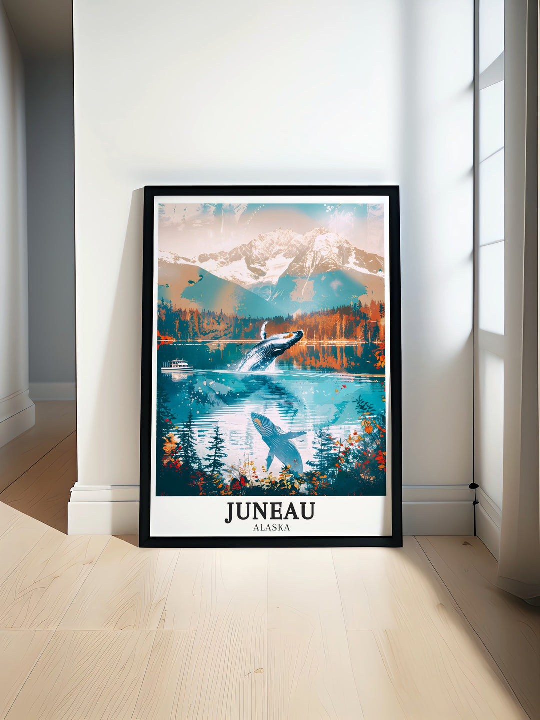 Alaska travel poster featuring Juneaus Auke Bay and the Chilkat Mountains. This print evokes the calm and majesty of Alaskas great outdoors, making it a perfect gift for travelers, nature lovers, and those who appreciate the raw beauty of untamed landscapes.