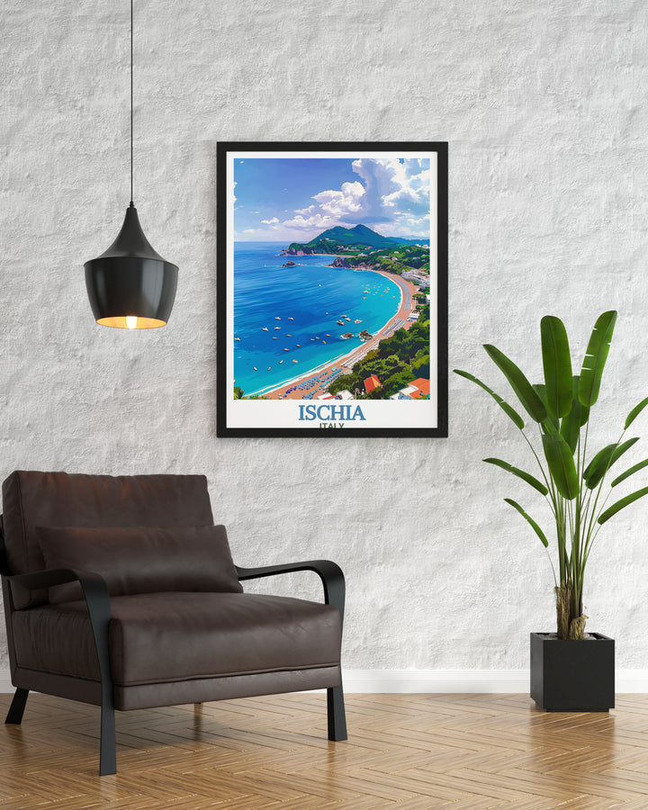 Maronti Beach travel poster from Ischia, Italy, featuring fine line art and a colorful design that captures the beachs serene atmosphere. A great addition to any home or a unique gift for lovers of Italian travel and coastal destinations.