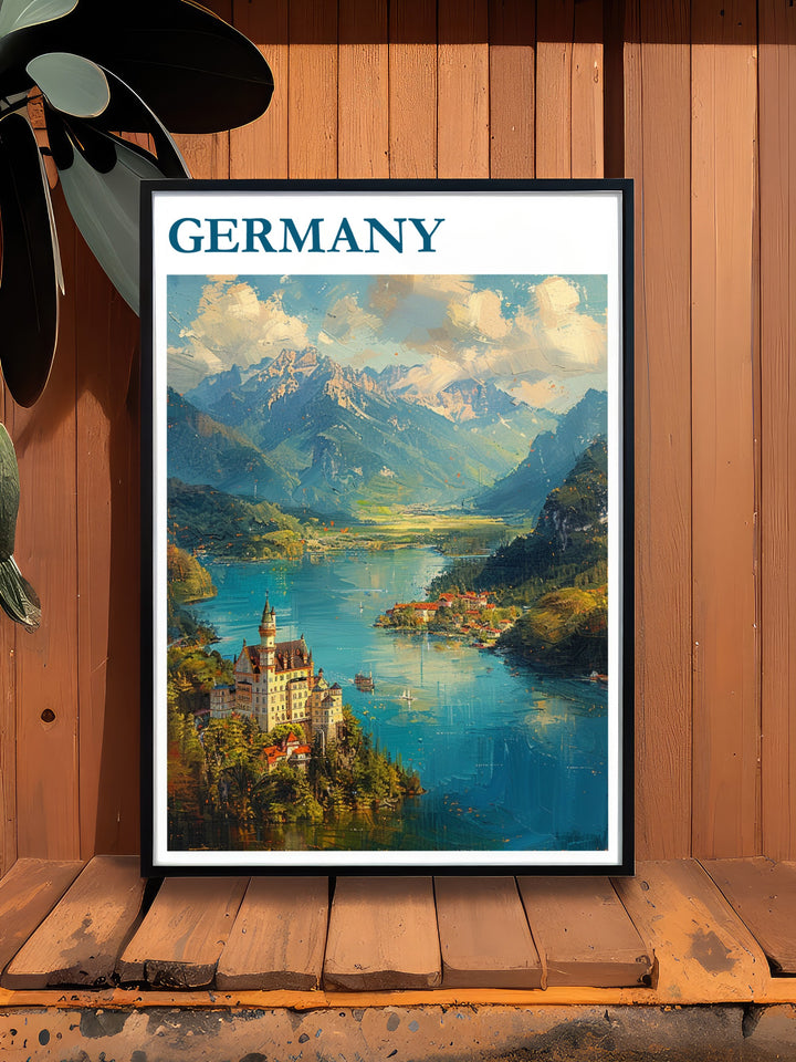 Bring a piece of Germanys fairy tale charm into your home with this Neuschwanstein Castle and Berlin skyline print. Perfect for any living room or office, this artwork blends Bavarian beauty with Berlins urban energy.