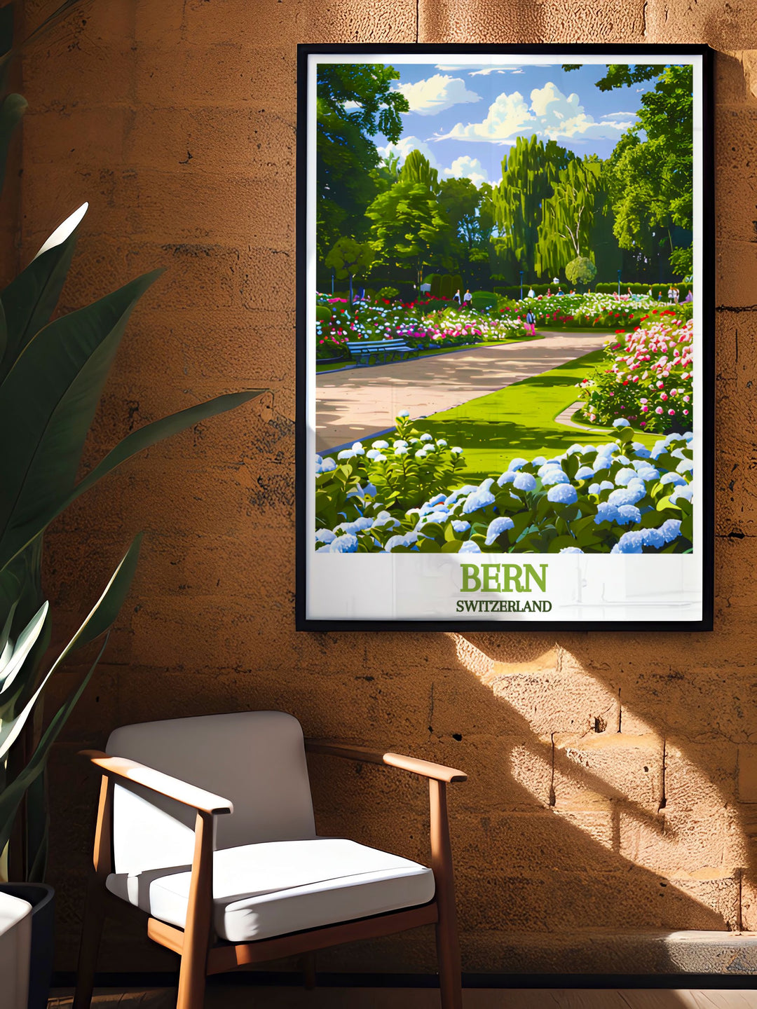 This vibrant travel poster showcases the stunning scenery of the Swiss Alps and the historic architecture of Bern, perfect for adding a touch of Switzerlands charm to your walls.