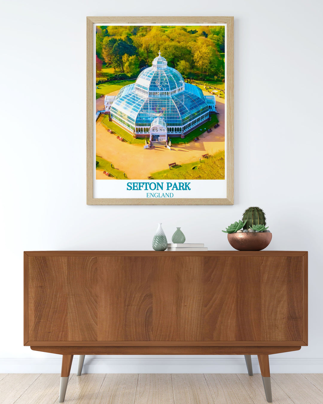 Stunning wall art print gift featuring Liverpools Sefton Palm House and the iconic Liver Building. This piece blends historical architecture with vibrant cityscapes making it a unique addition to your home decor.