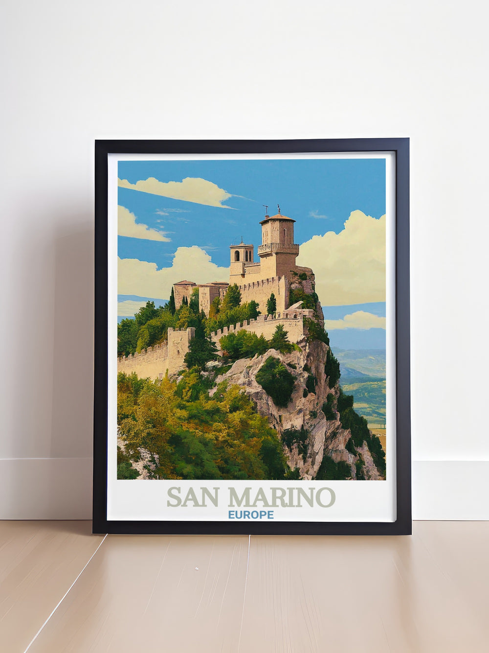 A stunning travel poster of the Guaita Tower in San Marino, capturing the medieval fortresss beauty and historical importance. Perfect for decorating a home or office, this art print brings a touch of European history into any space. Ideal as a travel gift for history enthusiasts.