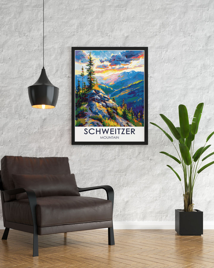 Canvas art of Schweitzer Mountain featuring detailed illustrations of the ski resort and surrounding Selkirk Mountains, perfect for a travel themed room.