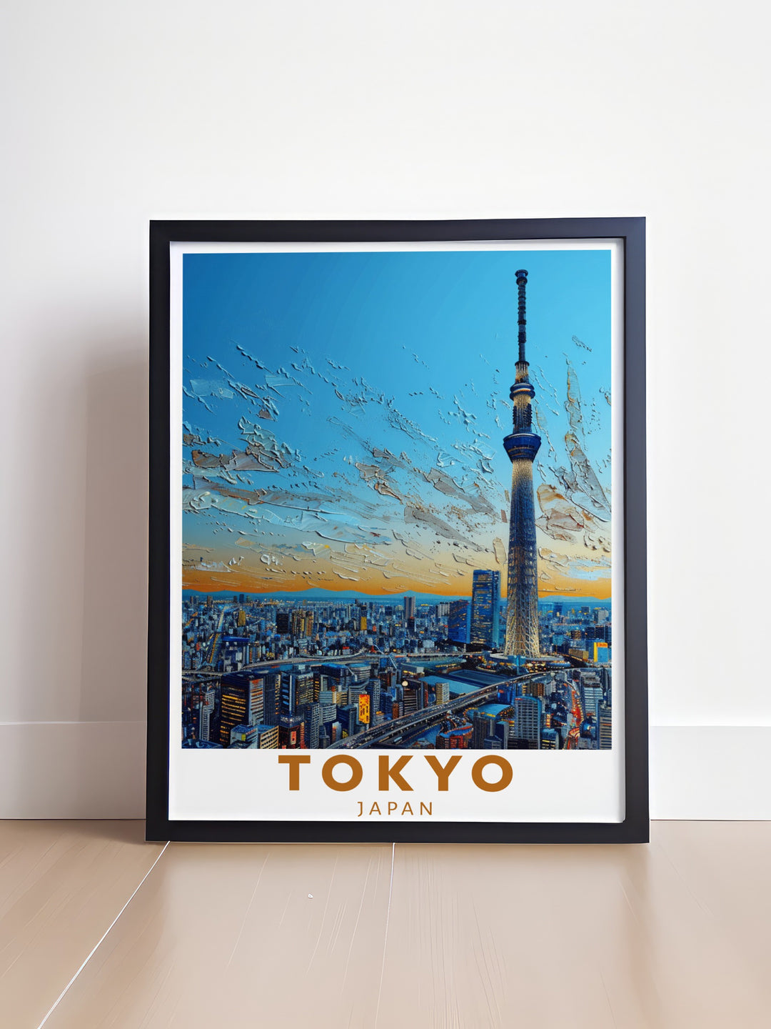 This vibrant Japan travel poster showcases Tokyos famous Skytree and the tranquil beauty of Mount Fuji, framed by delicate cherry blossoms. Ideal for decorating any room, this framed print combines the energy of the city with the serenity of Japans national parks.