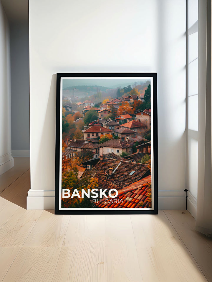 The dynamic slopes of Bansko Ski Resort and the timeless streets of Bansko Old Town are depicted in this vibrant travel poster, offering a stunning visual of Bulgarias diverse attractions.