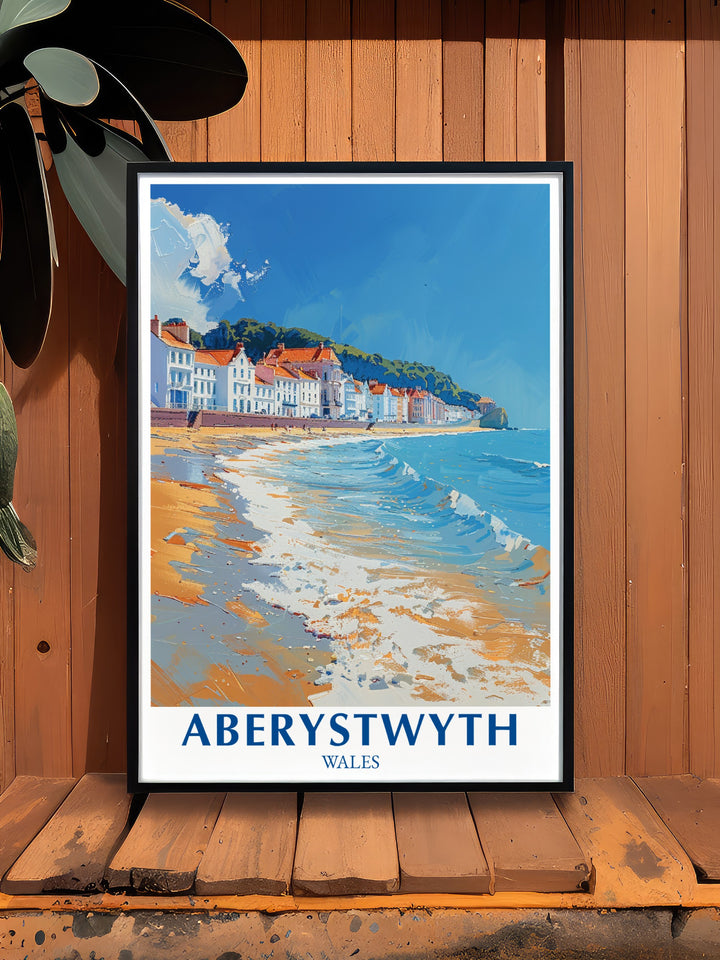 This Ceredigion art print highlights the natural beauty of Aberystwyths waterfront, offering a serene view of the Welsh coastline. Perfect for nature lovers and those with a connection to Wales, this travel poster brings together the beauty of Welsh landscapes and coastal charm.