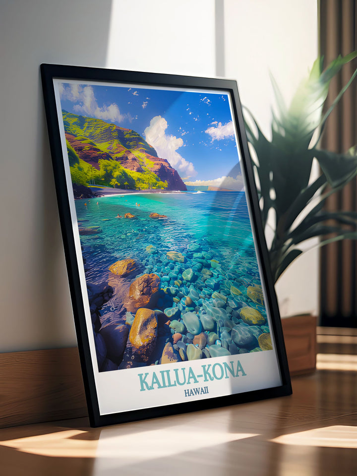 Art print of Kealakekua Bay, capturing the tranquil landscapes and historical importance. The detailed illustration offers a unique perspective on Hawaiis cultural and natural heritage.