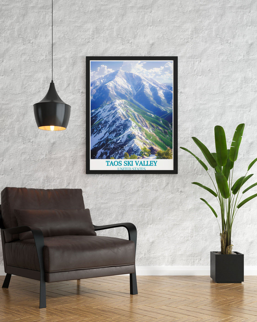 Discover the picturesque landscape of Taos Ski Valley with this exquisite travel poster, illustrating the pristine snow and dramatic peaks.
