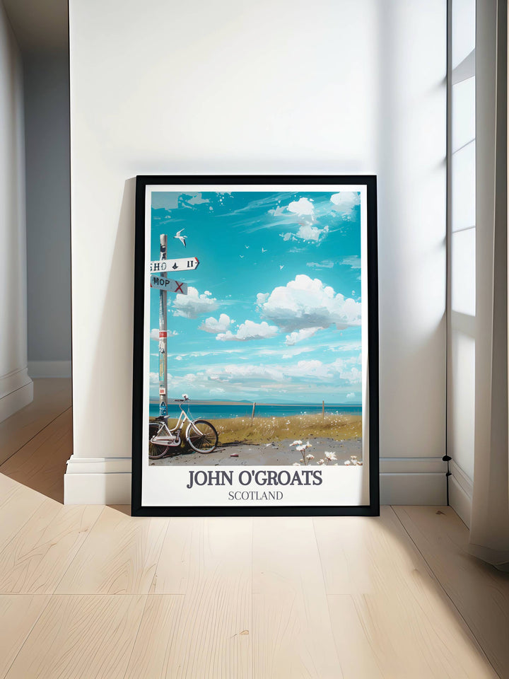 John O Groats Signpost artwork featuring the iconic landmark at the start of the End to End Bike Ride. Perfect for cycling enthusiasts who have completed the journey from John O Groats to Lands End. A beautiful piece for home decor and cycling memorabilia.