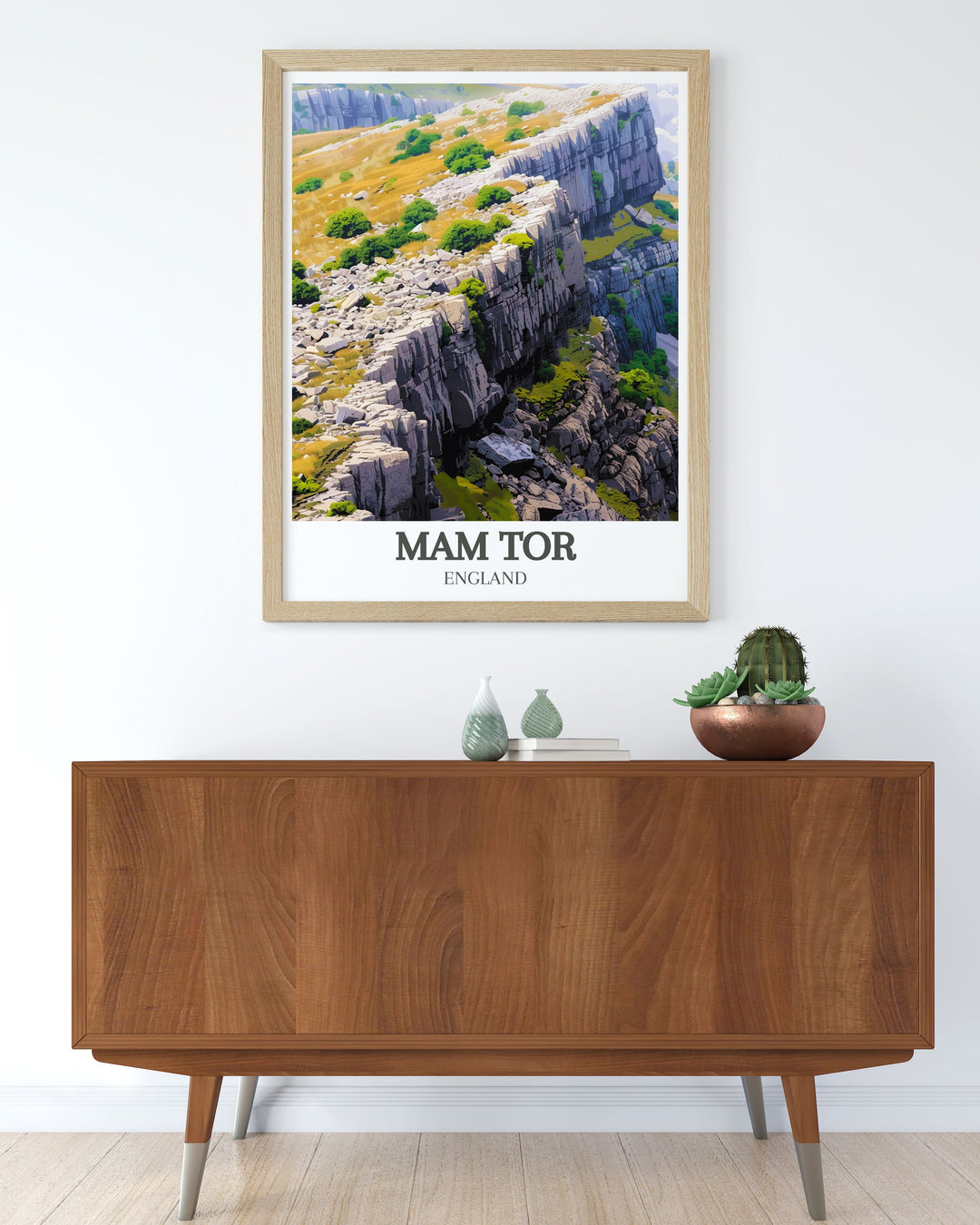 Mam Tor landslip and Great Ridge poster highlighting the majestic beauty of Peak District with detailed illustrations of hiking trails and iconic landscapes