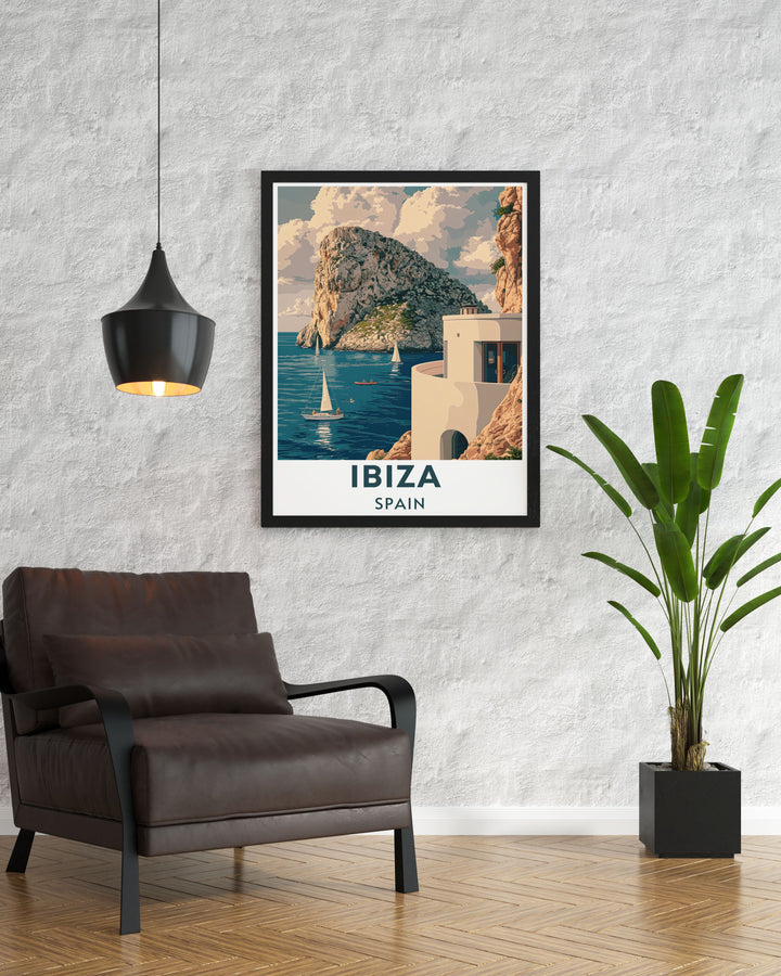 The mystical Es Vedrà, known for its legends and serene beauty, is highlighted in this travel poster. Ideal for lovers of myth and nature, this artwork brings the captivating presence of Es Vedrà into your home.