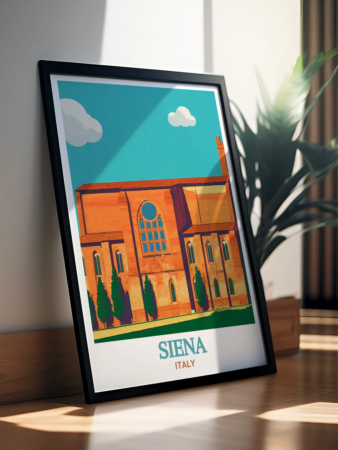 Siena Travel Print featuring the Basilica of San Domenico and the citys intricate street map. This black and white city print offers a minimalist yet detailed design perfect for adding elegance to any room or gifting for anniversaries birthdays or holidays.