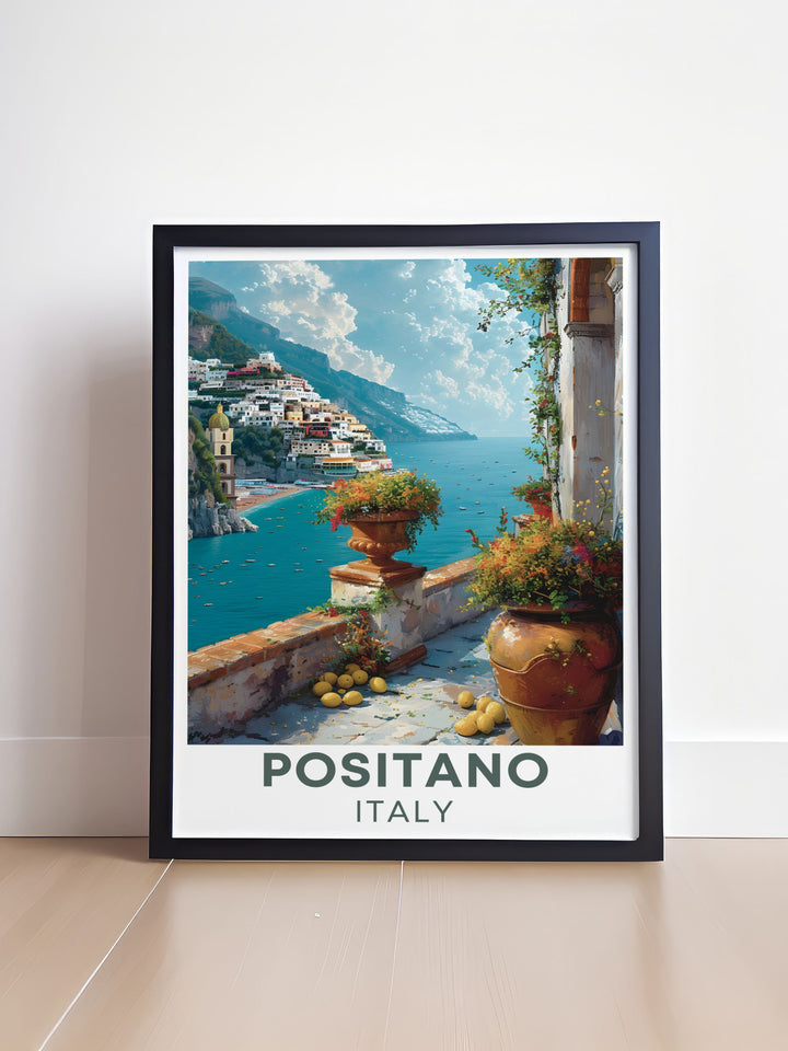 Via Positanesi dAmerica print capturing the essence of Positano, a stunning art piece for your wall decor that showcases the vibrant colors and timeless beauty of the Amalfi Coast, adding a touch of Italian elegance to your space.