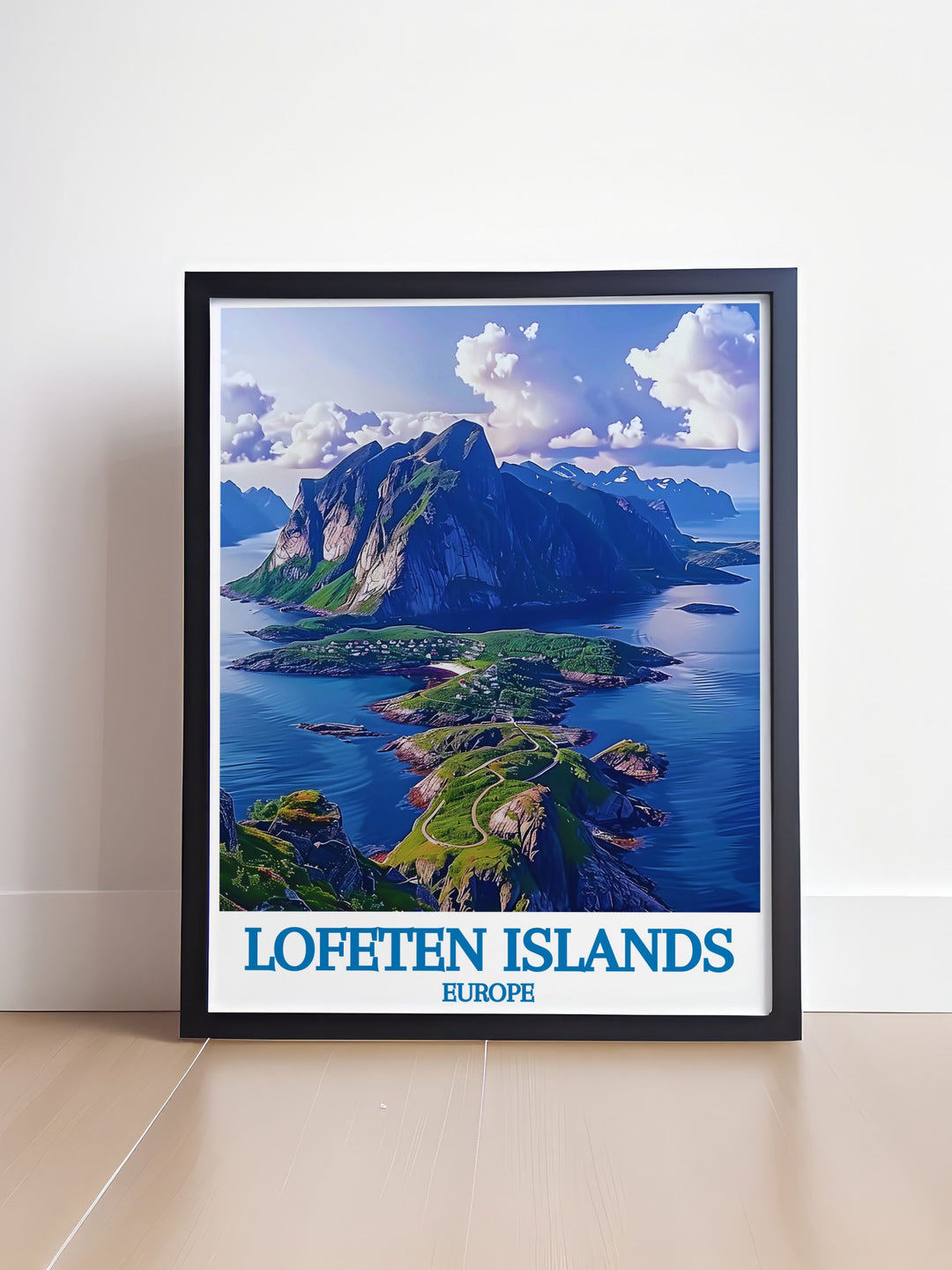 Fine art print capturing the breathtaking views from Reinebringen in the Lofoten Islands, Norway. The poster showcases the rugged mountain peaks, the serene fjord waters, and the picturesque village of Reine, highlighting the natural beauty and dramatic landscapes of this iconic Nordic destination.