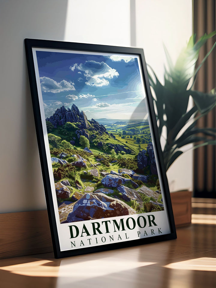 Framed art showcasing the scenic beauty of Dartmoor National Park, with its lush valleys and historic tors, perfect for enhancing any room with the natural splendor of Devon.