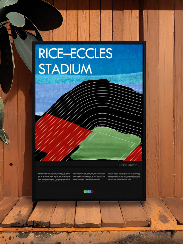 Add a touch of college football history to your home with this striking retro poster of Rice Eccles Stadium featuring the Utah Utes in action