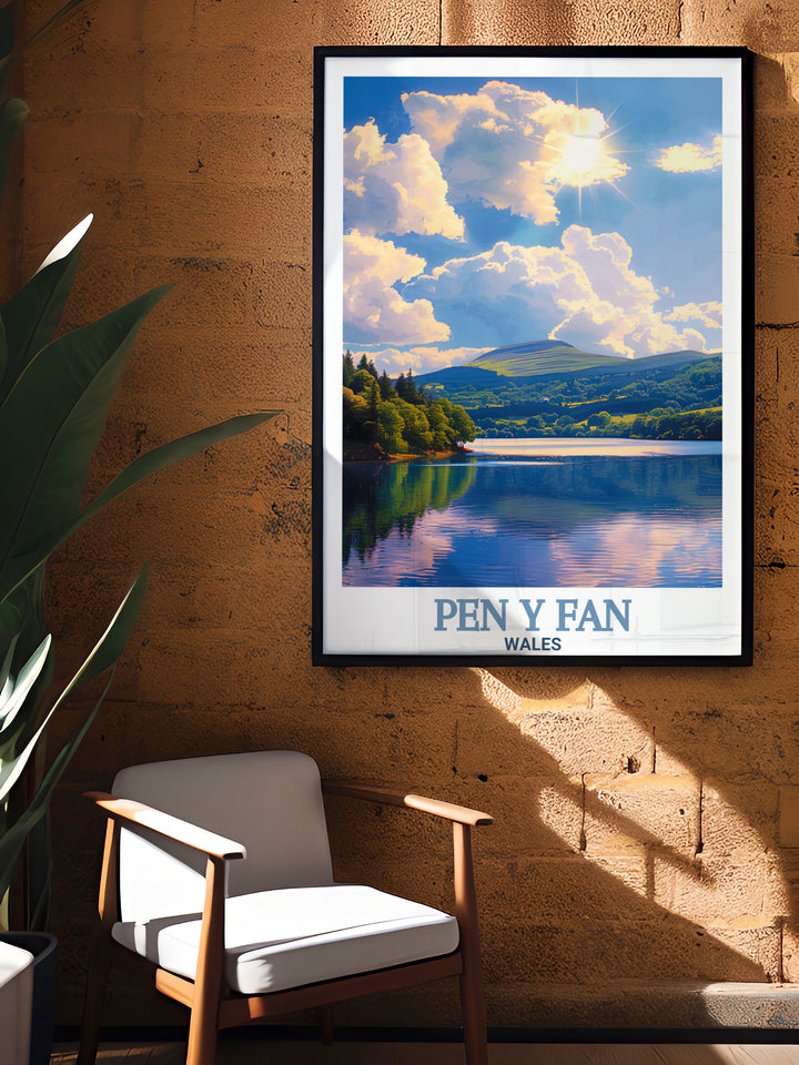 Pontsticill Reservoir Canvas Art featuring the peaceful waters of the reservoir with the rolling hills of Brecon Beacons in the distance. This travel print celebrates the natural beauty of Wales, perfect for adding a touch of adventure to your decor.