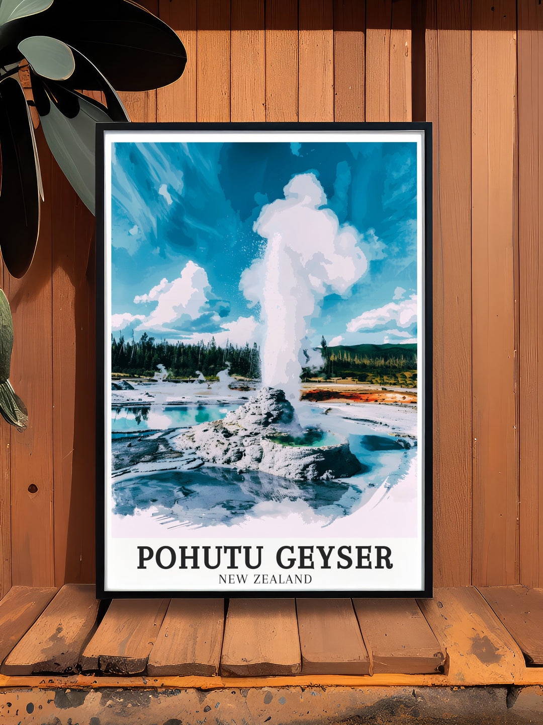 A stunning depiction of Rotoruas geothermal activity, this poster features Pohutu Geyser alongside the steaming vents and bubbling mud pools of Wairakei. This New Zealand travel art is ideal for anyone looking to bring the beauty of nature into their living space.