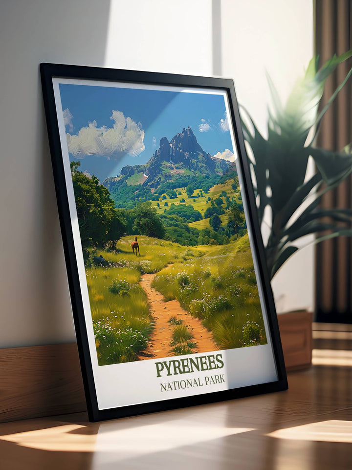 Retro travel poster art of Pic du Midi dOssau highlighting the stunning landscape of the French Pyrenees perfect for sophisticated home accents.