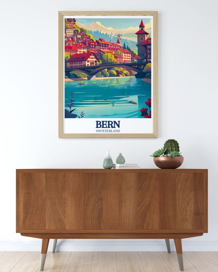 Nydegg Bridge travel print showcases one of Berns most iconic landmarks, with its detailed architectural design and stunning views of the Aare River. This Swiss canvas art is ideal for those who appreciate the blend of history and nature, bringing a touch of Berns charm into your home.